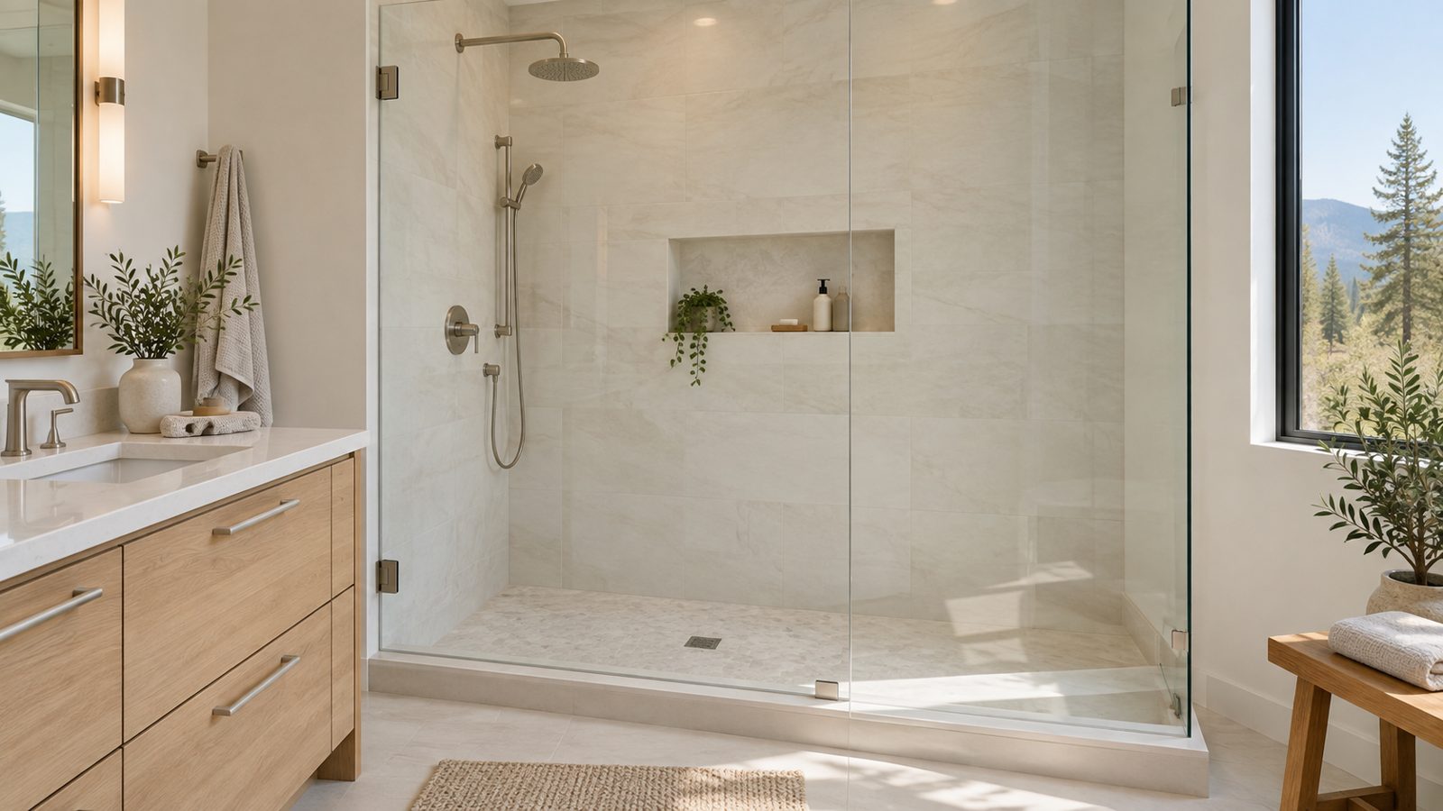 Walk-in shower with marble-look wall tile, a recessed niche, brushed nickel rain shower head and frameless glass panels