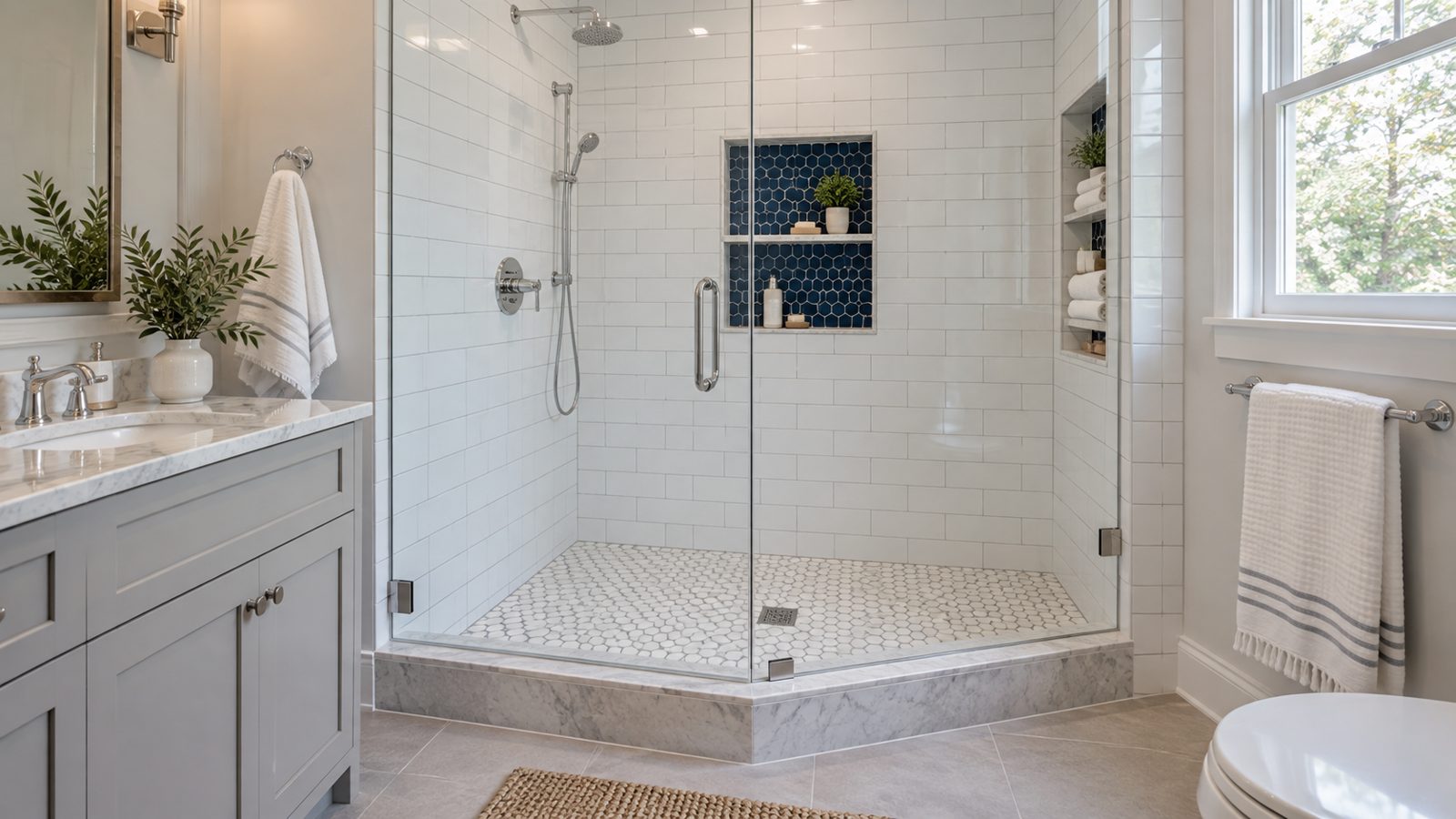 Subway-tile shower with a navy hexagon-tile niche, penny-round floor tile and a hinged glass door