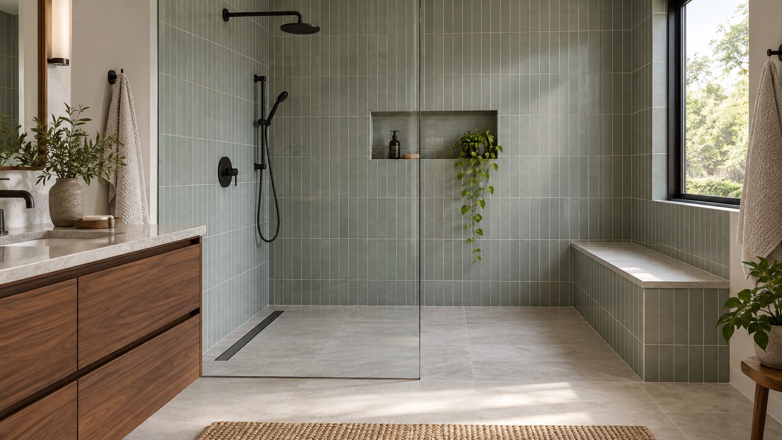 Curbless shower with sage green vertical stacked tile, a linear drain, a tiled bench and matte black fixtures