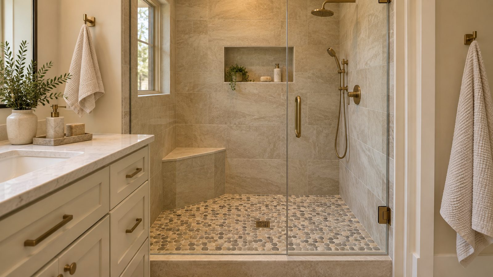 Warm travertine-look tiled shower with a corner bench, recessed niche, pebble floor tile and brushed brass fixtures