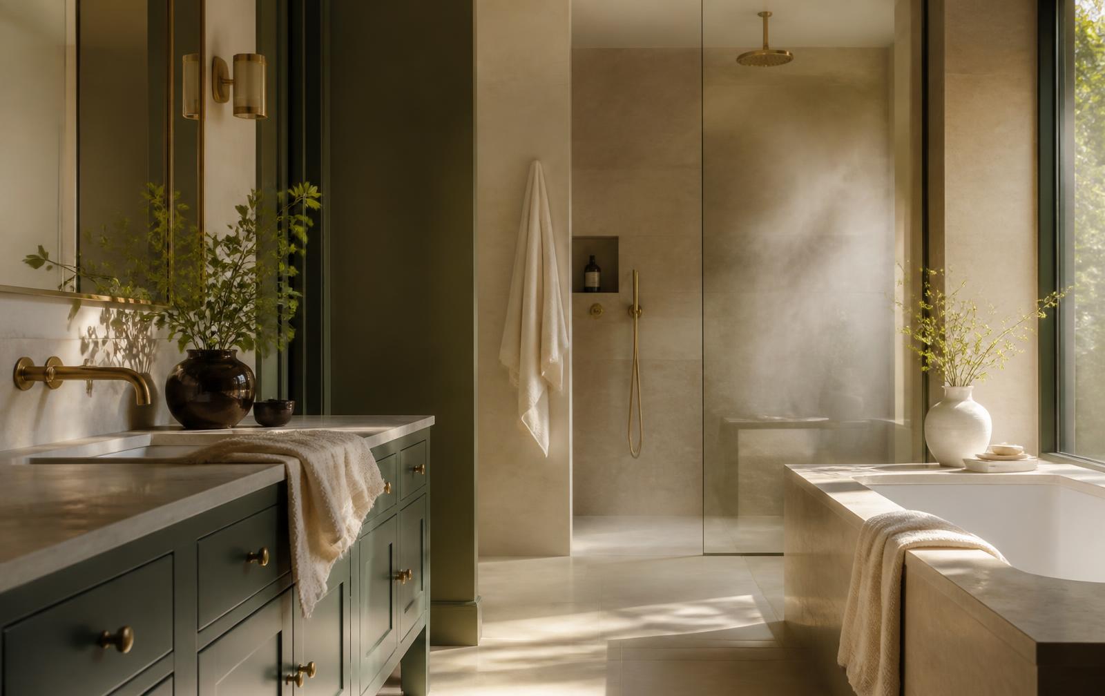Warmly lit bathroom with limestone tile, a deep green vanity and brushed brass fixtures