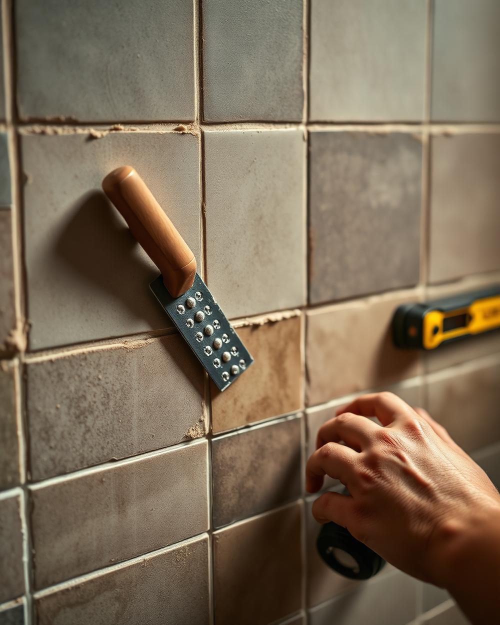 Close detail of tile joints meeting at a shower corner above a bonded membrane