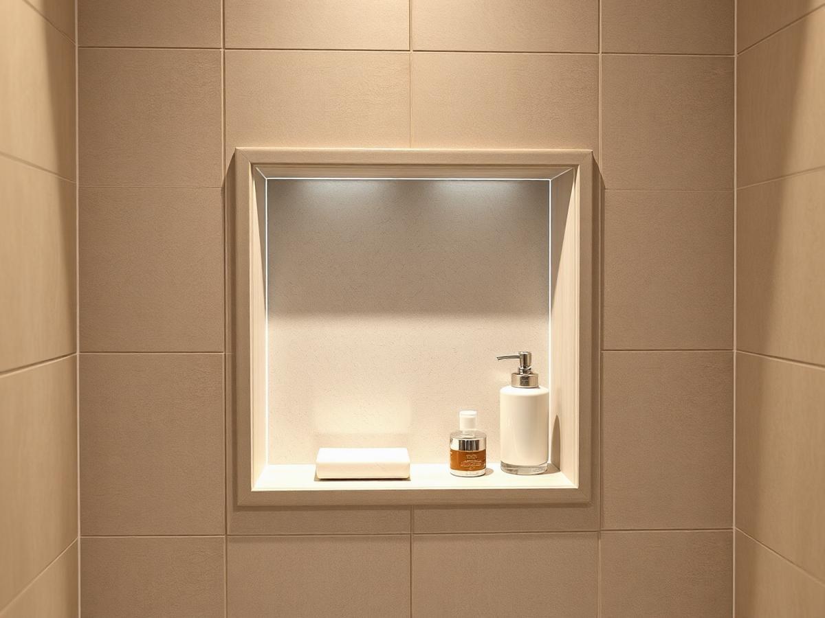 Recessed tiled shower niche with a sloped shelf aligned to the surrounding tile joints